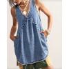 image:imageCHARTOU Women Summer Sleeveless Denim Mini Dress Deep V Neck Distressed Ruffle Beach Vacation Short DressBlue