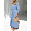 image:imageCHARTOU Womens Button Down Denim Dress Puff 34 Sleeve Long Jean Dresses Pleated V Neck Sundress with BeltBlue