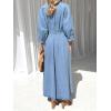 image:imageCHARTOU Womens Button Down Denim Dress Puff 34 Sleeve Long Jean Dresses Pleated V Neck Sundress with BeltBlue