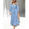image:imageCHARTOU Womens Button Down Denim Dress Puff 34 Sleeve Long Jean Dresses Pleated V Neck Sundress with BeltBlue
