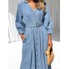 image:imageCHARTOU Womens Button Down Denim Dress Puff 34 Sleeve Long Jean Dresses Pleated V Neck Sundress with BeltBlue