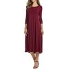 image:imageCHARTOU Womens Essential Pleated Flowy Tunic Midi Dress 34 Sleeve Modest Ruffle Swing DressWine Red