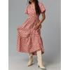 image:imageCHARTOU Womens Flowy Boho Long Stretch Short Sleeve High Waist Smock A Line Tiered DressRed