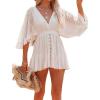 image:imageCHARTOU Womens Lace V Neck Batwing Sleeve Flowy Ruffle Mini Dress Crochet Backless Swing DressWhite