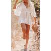 image:imageCHARTOU Womens Lace V Neck Batwing Sleeve Flowy Ruffle Mini Dress Crochet Backless Swing DressWhite