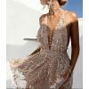 image:imageCHARTOU Womens Sexy Glitter Sequins Deep V Neck Backless Pleated Nightclub Party Mini DressGold
