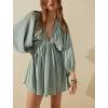 image:imageCHARTOU Womens Sexy V Neck Long Sleeve Mini Dress Tunic Babydoll Loose Flowy Swing Shift DressesLight Green