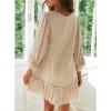 image:imageCHARTOU Womens Summer Cotton V Neck Bobydoll Dress Ruffle 34 Sleeve A Line Loose Beach Mini DressBeige