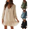image:imageCHARTOU Womens Summer Cotton V Neck Bobydoll Dress Ruffle 34 Sleeve A Line Loose Beach Mini DressBlue