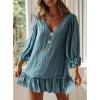 image:imageCHARTOU Womens Summer Cotton V Neck Bobydoll Dress Ruffle 34 Sleeve A Line Loose Beach Mini DressBlue