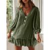 image:imageCHARTOU Womens Summer Cotton V Neck Bobydoll Dress Ruffle 34 Sleeve A Line Loose Beach Mini DressGreen