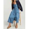 image:imageCHARTOU Womens Summer Spaghetti Strap Jean Midi Dress Full Buttons Pleated Blue Denim Dress with PocketsBlue