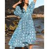 image:imageCHARTOU Womens Vintage Floral 34 Sleeve Ruffle Midi Long Dress V Neck Tie Knot Beach Flowy Swing SundressBlue