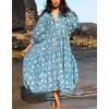 image:imageCHARTOU Womens Vintage Floral 34 Sleeve Ruffle Midi Long Dress V Neck Tie Knot Beach Flowy Swing SundressBlue