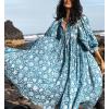 image:imageCHARTOU Womens Vintage Floral 34 Sleeve Ruffle Midi Long Dress V Neck Tie Knot Beach Flowy Swing SundressBlue