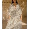 image:imageCHARTOU Womens Vintage Floral 34 Sleeve Ruffle Midi Long Dress V Neck Tie Knot Beach Flowy Swing SundressGray