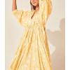 image:imageCHARTOU Womens Vintage Floral 34 Sleeve Ruffle Midi Long Dress V Neck Tie Knot Beach Flowy Swing SundressYellow