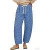 image:imageCHARTOU Polka Dot Wide Leg Barrel Pants for Women Baggy Palazzo Pant Drawstring High Waist Cotton Linen Lounge PantsBlue