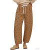 image:imageCHARTOU Polka Dot Wide Leg Barrel Pants for Women Baggy Palazzo Pant Drawstring High Waist Cotton Linen Lounge PantsKhaki