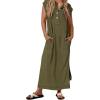 image:imageCHARTOU Women Cap Sleeve Summer Maxi Dress Ribbed Knit Henley Side Split Tank DressGreen