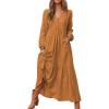 image:imageCHARTOU Women Cotton Linen Long Sleeve Maxi Dress Pockets Button Up Ruffle A Line Long Dress Flowy Swing DressBrown