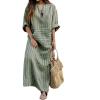 image:imageCHARTOU Women Cotton Linen Striped Dress Overall Casual Roll Up Long Sleeve Maxi Dress Kaftan Gauze Shift DressGreen