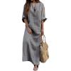 image:imageCHARTOU Women Cotton Linen Striped Dress Overall Casual Roll Up Long Sleeve Maxi Dress Kaftan Gauze Shift DressGrey