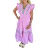 image:imageCHARTOU Women Flutter Sleeve Ruffle Tiered Midi Dress Summer RIC Rac Empire Waist Flowy Beach Long DressPink