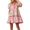 image:imageCHARTOU Women Puff Sleeve Striped Trim Floral Print Tiered Cute Babydoll Mini Dress with PocketsPink
