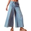 image:imageCHARTOU Women Seam Front Flare Wide Leg Cropped Jeans Baggy Ankle Patchwork Denim Palazzo Pants with PocketsBlue