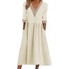 image:imageCHARTOU Women Summer Flowy Linen Dress Half Sleeve V Neck Lace Crochet Long Dress with PocketsApricot