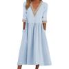 image:imageCHARTOU Women Summer Flowy Linen Dress Half Sleeve V Neck Lace Crochet Long Dress with PocketsBlue