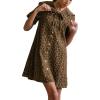 image:imageCHARTOU Women Summer Leopard Babydoll Denim Mini Dress Doll Collar Tie Front Short Sleeve Short DressBrown