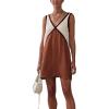 image:imageCHARTOU Women Summer Loose V Neck Sleeveless Contrast Color Short Patchwork Shift Tank DressBrown