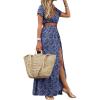image:imageCHARTOU Women Summer Short Sleeve Boho Maxi Dress Flowy Long Summer Dress Floral V Neck Dress Hippie Beach SundressBlue