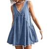 image:imageCHARTOU Women Summer Sleeveless Denim Mini Dress Deep V Neck Distressed Ruffle Beach Vacation Short DressBlue