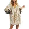 image:imageCHARTOU Womens Boho Linen Short Dress Baggy BatSleeve Babydoll Mini Dress Floral V Neck Beach Sun DressesApricot