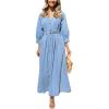 image:imageCHARTOU Womens Button Down Denim Dress Puff 34 Sleeve Long Jean Dresses Pleated V Neck Sundress with BeltBlue