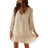image:imageCHARTOU Womens Summer Cotton V Neck Bobydoll Dress Ruffle 34 Sleeve A Line Loose Beach Mini DressBeige