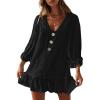 image:imageCHARTOU Womens Summer Cotton V Neck Bobydoll Dress Ruffle 34 Sleeve A Line Loose Beach Mini DressBlack