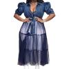 image:imageCHARTOU Womens Trendy Puff Sleeve Tulle Patchwork Pleated ALine Denim Maxi Long DressDark Blue