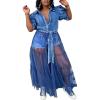 image:imageCHARTOU Womens Trendy Puff Sleeve Tulle Patchwork Pleated ALine Denim Maxi Long DressLight Blue