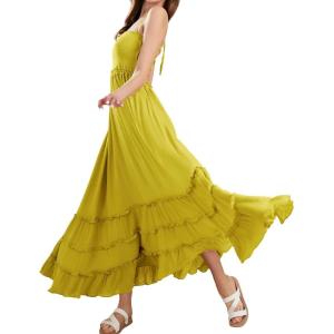 image:imageCHARTOU Boho Halter Maxi Dress for Women Smocked Backless Summer Dress Beach Long Flowy Dress Ruffle SundressYellow
