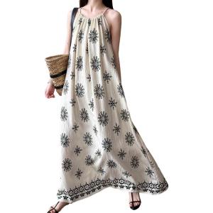 image:imageCHARTOU Boho Tribal Halter Dress for Women Cotton Linen Sleeveless Long Beach Dress with PocketsBeige