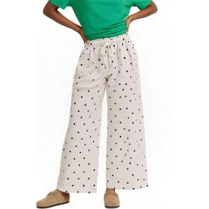 image:imageCHARTOU Cotton Linen Polka Dot Pants Summer Wide Leg Elastic Casual Cropped Palazzo Pj Pants with PocketsBeige