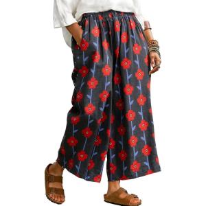 image:imageCHARTOU Cropped Cotton Linen Pants Women Floral Wide Leg Palazzo Pants Elastic Waist Beach TrousersBlack