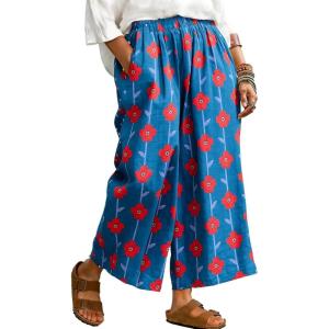 image:imageCHARTOU Cropped Cotton Linen Pants Women Floral Wide Leg Palazzo Pants Elastic Waist Beach TrousersBlue