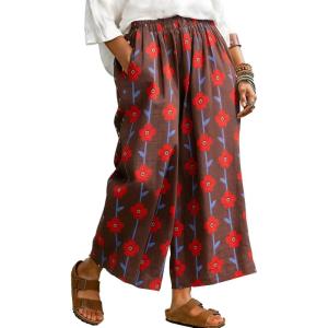 image:imageCHARTOU Cropped Cotton Linen Pants Women Floral Wide Leg Palazzo Pants Elastic Waist Beach TrousersBrown