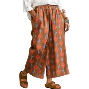image:imageCHARTOU Cropped Cotton Linen Pants Women Floral Wide Leg Palazzo Pants Elastic Waist Beach TrousersDark Khaki