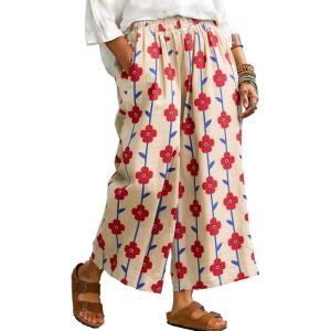image:imageCHARTOU Cropped Cotton Linen Pants Women Floral Wide Leg Palazzo Pants Elastic Waist Beach TrousersLinen
